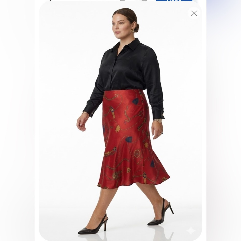 NWT Lauren Ralph Lauren Belting-Print Satin
Charmeuse Midi Skirt Red  Size 20W - Picture 3 of 9